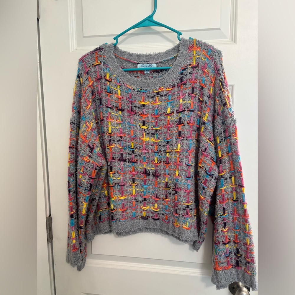She + Sky Gray Sweater with Colorful Accents